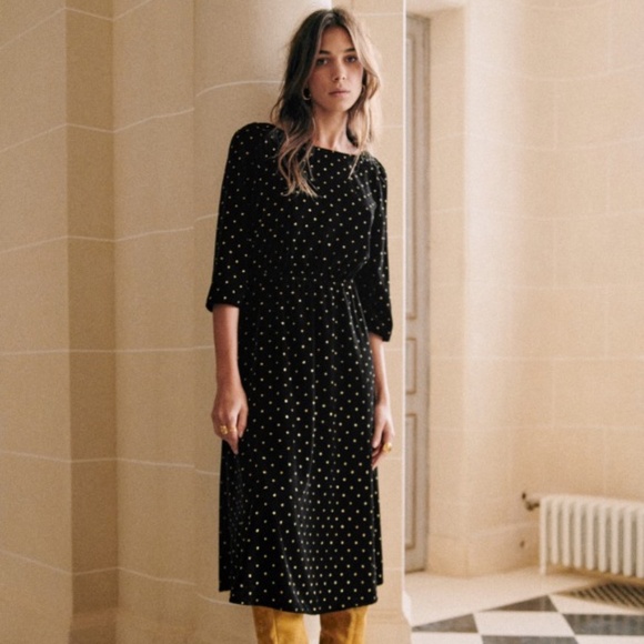 SEZANE Adelma Midi Dress in Black Velvet with Glitter Polka Dots - Size 6 - Picture 12 of 16